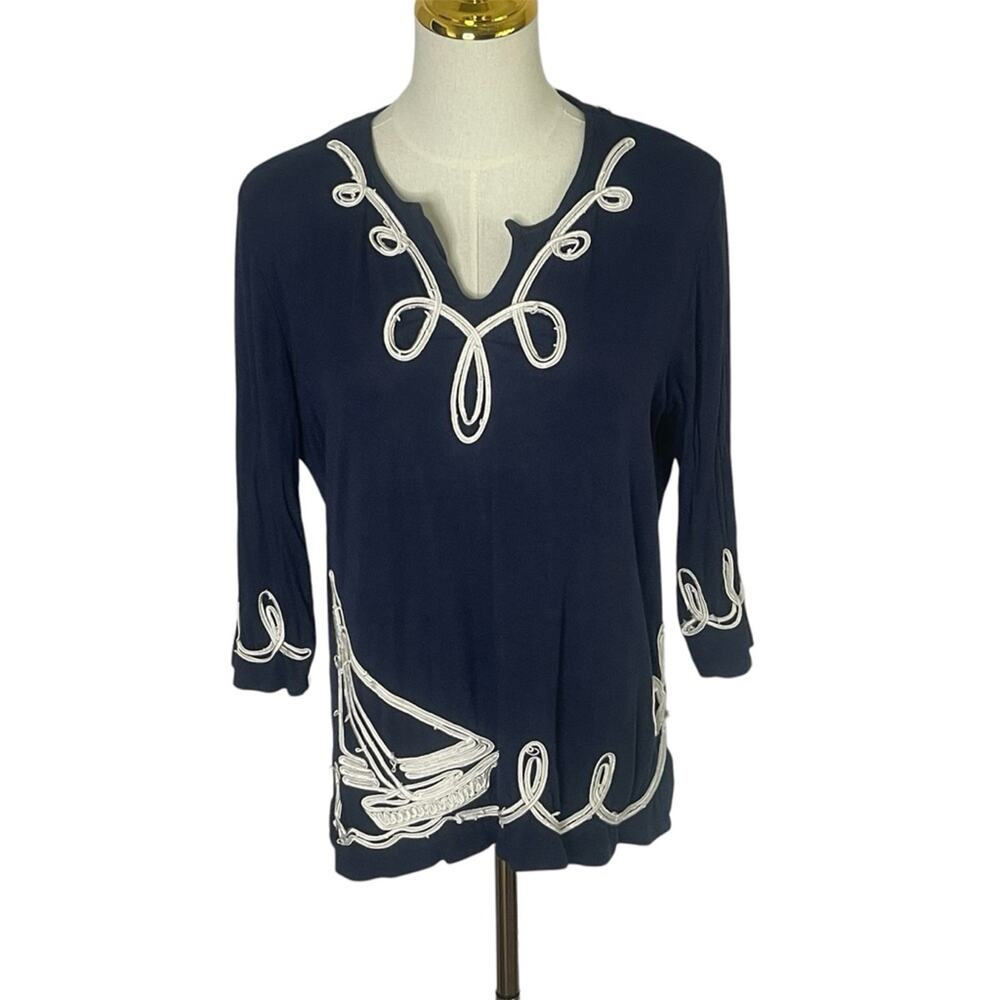 Bua Bua Womens Nautical Sailboat Navy Blue pullover blouse Embroidered Size M